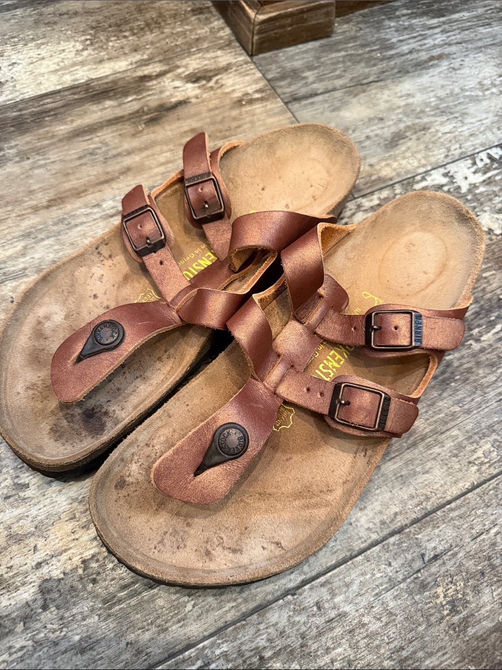 Birkenstock Rose Gold/Copper Brown Leather Triple-Strap Toe Post Sandals